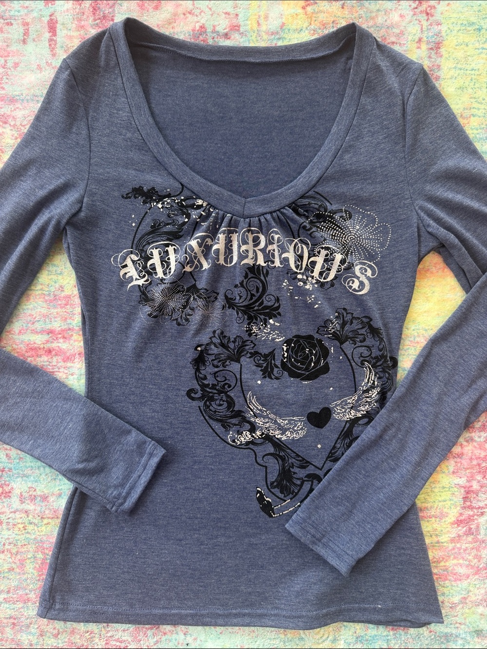 💜ROMWE Blue Graphic Long Sleeve V-Neck Tee